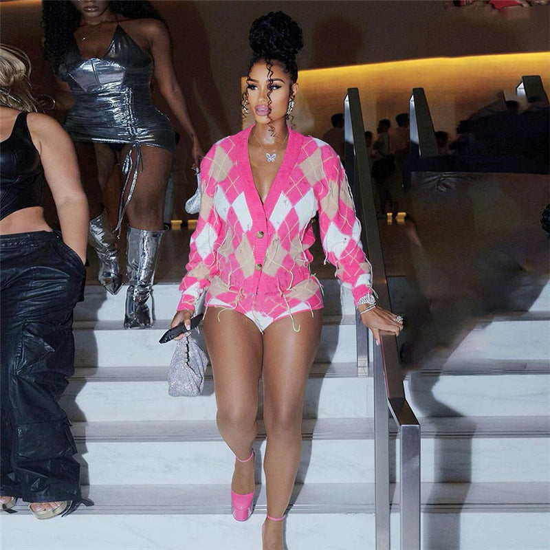 Fall Women Clothing Color Contrast Tassel Coat High Waist Slim Shorts Set for Women