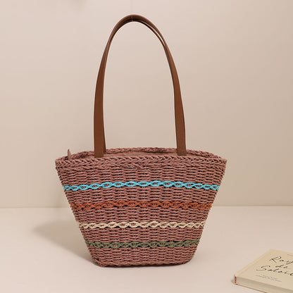 Colorful Striped Shoulder French Straw Bag Large Capacity Woven Bag Women Seaside Vacation Beach Bag - Wanita Store