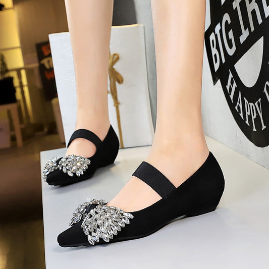 Women KoreanLight Luxury Elastic Band Slip on Women Low Heel Shoes Dazzling Rhinestone Bow Wedge Shoes