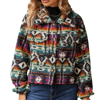Autumn Winter Women Clothing National Printed Loose Long Sleeves Short Coat Women - Wanita Store