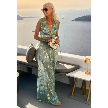 Spring Summer Sexy V Neck Bronzing Dress Casual Holiday Party Women Large Swing Dress - Wanita Store