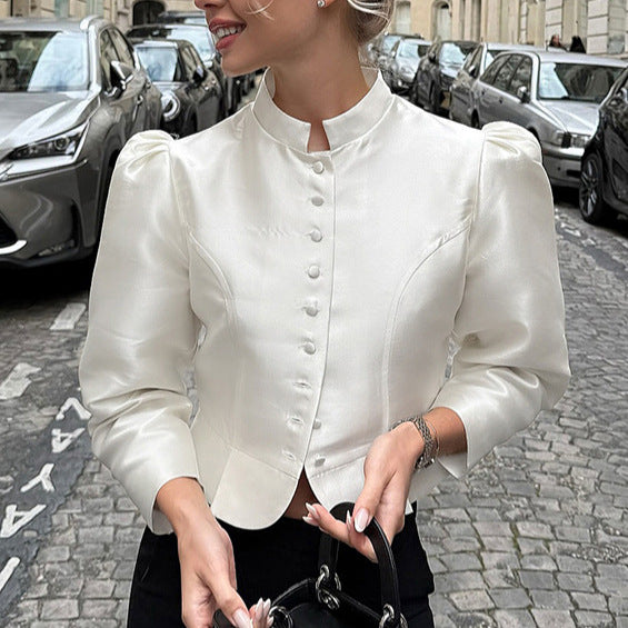 Spring Arrival French Stand Collar Puff Sleeve Long Sleeve Office Palace Women Shirt - Wanita Store