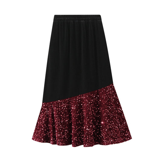 Fishtail Skirt Autumn Winter Velvet Stitching Sequined Skirt Slim Fit Show Thin Black Women
