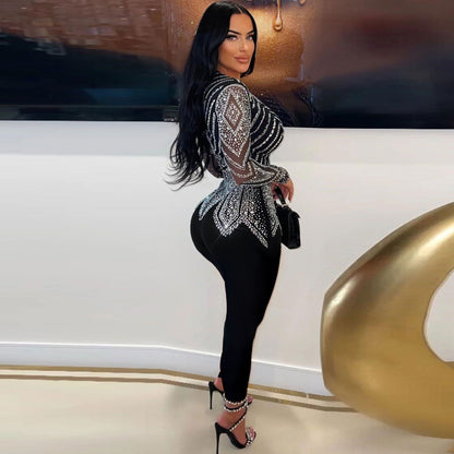 Sexy Slim Hip Rhinestone V Neck Stretch Tight Jumpsuit - Wanita Store