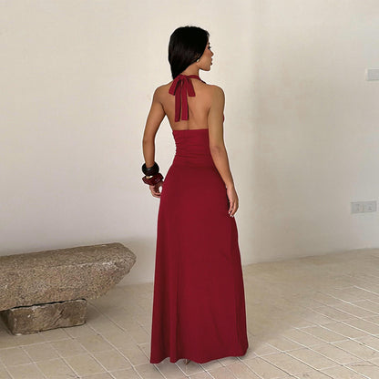 Women Evening Split Halter Party Pleated Dress