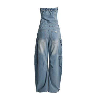 Summer Multi Pocket Ripped Waist Slimming Sexy Tube Top Tooling Denim Jumpsuit Women - Wanita Store
