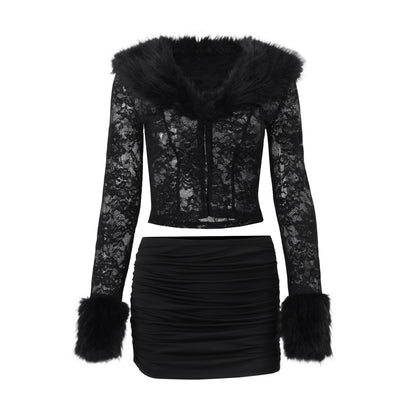 Ropa de mujer Otoño Invierno Calle Encaje Felpa Manga Larga Top Falda Sexy Conjunto