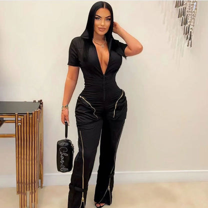 Sexy Summer Zipper Workwear with Pocket Jumpsuit - Wanita Store