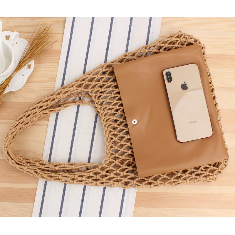 Solid Color Net Pocket Hand-Woven Bag Mori Hand-Tied Cotton Thread Hand-Carrying Shoulder Vacation Beach Bag