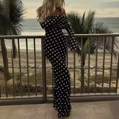 Spring Summer Gauze Polka Dot Stitching off Shoulder Sexy Slim Dress for Women - Wanita Store