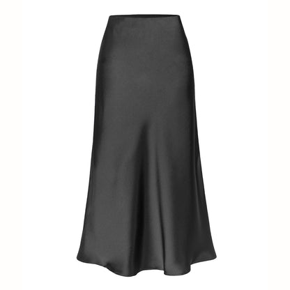 Satin Skirt Elastic High Waist Solid Color Slit Midi Skirt Women Clothing - Wanita Store