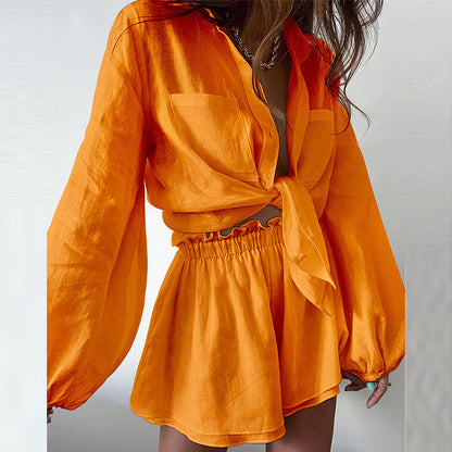 Summer Women Casual Solid Color Ruffles Shorts Long Sleeve Set - Wanita Store