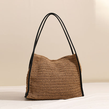 French Large Capacity Straw Bag Niche Solid Color Straw Bag Woven Bag Women Vacation Beach Bag Shoulder Bag - Wanita Store