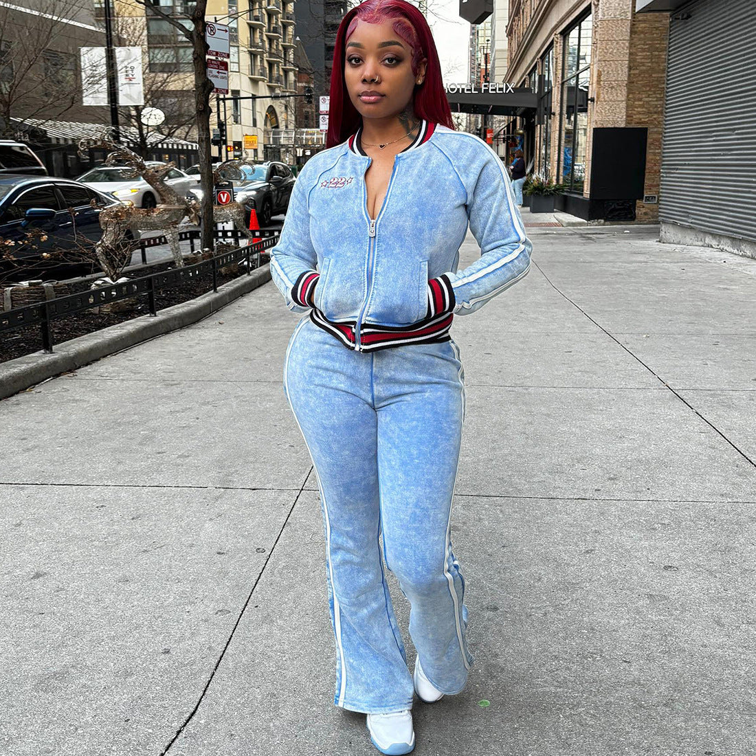 Fall Women Clothing Striped Color Matching Long Sleeved Top Bootcut Pants Casual Two Piece Sets Women