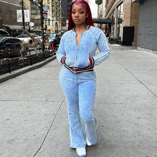 Fall Women Clothing Striped Color Matching Long Sleeved Top Bootcut Pants Casual Two Piece Sets Women