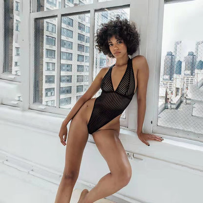 Combinaison sexy pour femme à rayures, dos nu, en maille transparente et patchwork