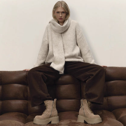 Loose Lazy Soft Wool Sweater Women Autumn Winter Pullover Loose Sweater Scarf Set - Wanita Store