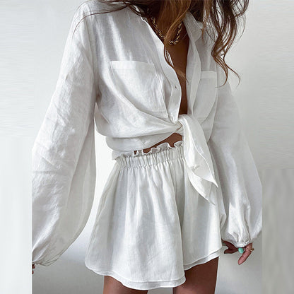 Summer Women Casual Solid Color Ruffles Shorts Long Sleeve Set - Wanita Store