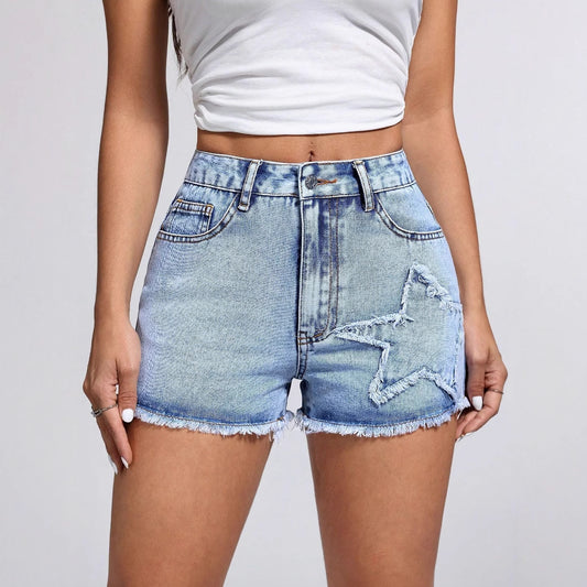 Women Clothing Casual Fashionable Frayed Hem Denim Short