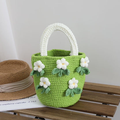 Camellia Wool Handbag Homemade Women Bag Floral Hand Woven Bag Hand Holding Bucket Bag - Wanita Store