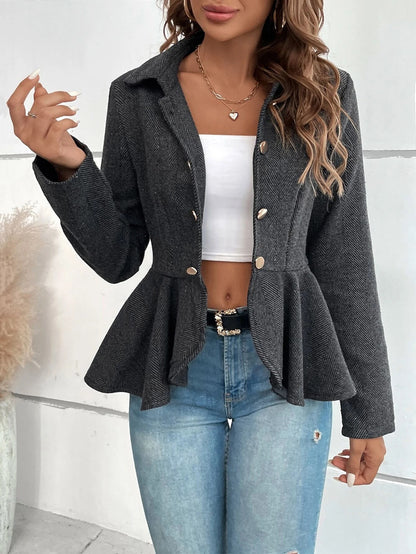 Women Clothing Collared Jacquard Ruffled Slim Double Breasted Office Blazer Women - Wanita Store