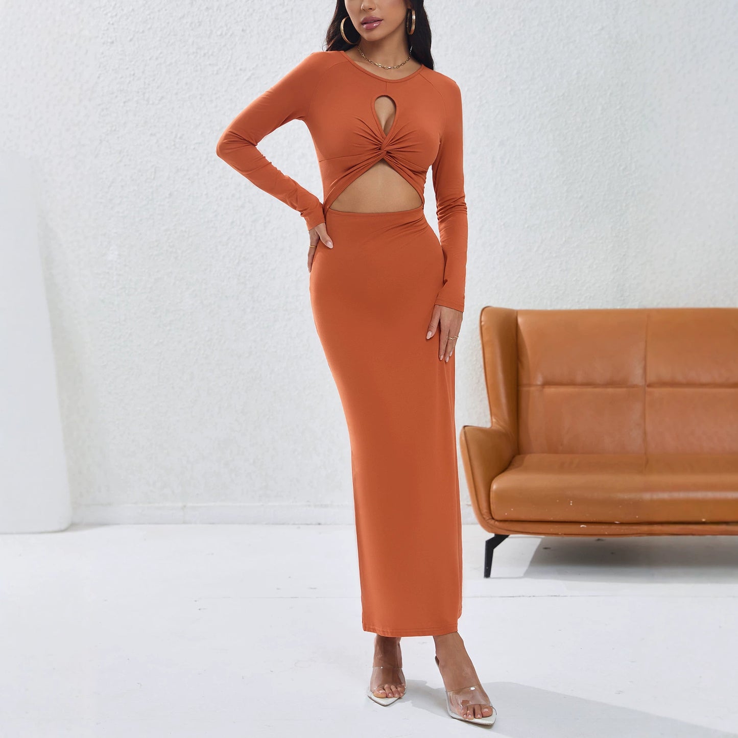 Twist Long Sleeved Dress round Neck Hollow Out Cutout Design Slim Slimming Sexy Dress