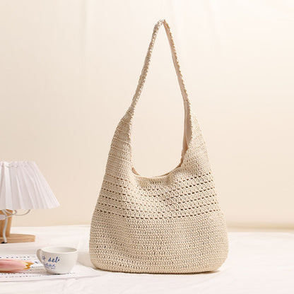 Idle Large Capacity Cotton Thread Woven Bag Hollow Out Cutout Shoulder Straw Bag Vacation Beach Bag Casual Women Bag - Wanita Store