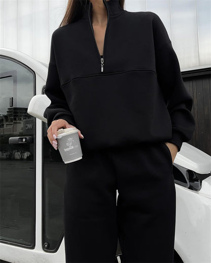 Women Long Sleeved Zipped Stand Collar Sweater Suit Autumn Winter Comfort Loose Sports Casual Sweater Two Piece Set - Wanita Store