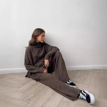 High Neck Split Wool Sweater Women Loose Casual Lazy Knitted Trousers Two Piece Set - Wanita Store