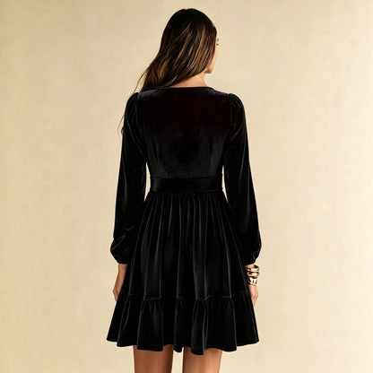Velvet Long Sleeves Dress for Women V neck Waist Controlled Slimming Dress