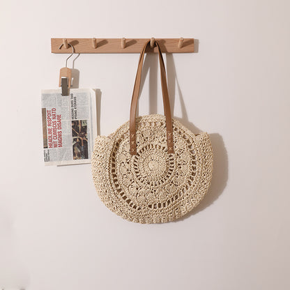 round Straw Bag One Shoulder Portable Hollow Out Cutout out Straw Bag Woven Bag Women Summer Seaside Casual Vacation Beach Bag - Wanita Store