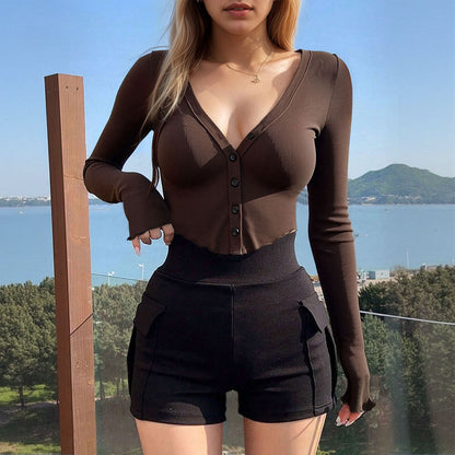 Fall Sexy Long Sleeve Button Cardigan Slim V neck Top - Wanita Store