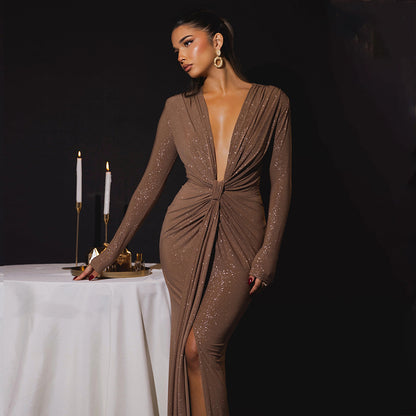 Autumn Winter Sexy Deep V Plunge neck Ribbon Dress Sexy Slit Slim Fitting Dress - Wanita Store