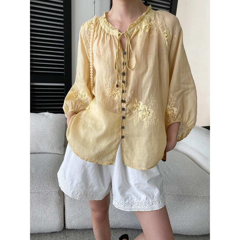 Light Oxygen Gentle 100 Ramie Stringy Selvedge Lace up Machine Embroidery Lantern Sleeve Shirt