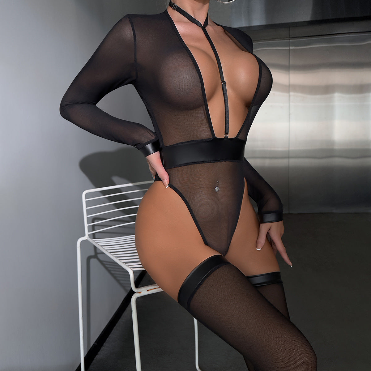 See through Deep V Plunge Halter Leather Patchwork Faux Leather Long Sleeve Jumpsuit with Sexy Stockings