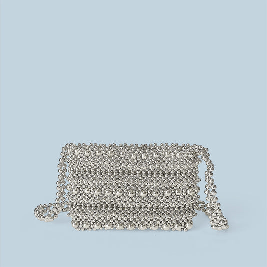 Handmade Beaded Bag Silver Bag Pearl Vegetable Basket Casual Weaving Messenger Bag Hollow Out Cutout