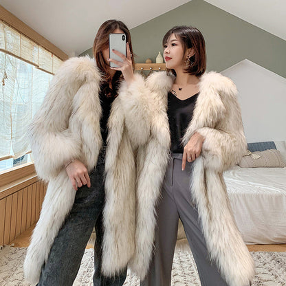 Women Raccoon Fur Coat Women Long Fox Fur Collar Fur Coat Loose Casual Trench Coat - Wanita Store