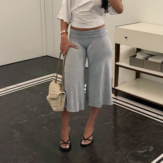 Casual Sports Cropped Pants Retro Waist Solid Color Simple Straight-Leg Pants High Waist All Matching Wide Leg Pants