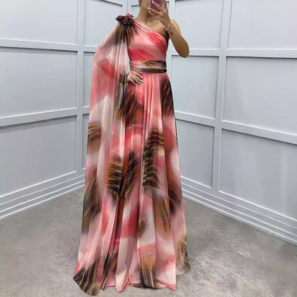 Autumn Winter Chiffon Printed Sloping Shoulder Dress Casual Loose Party Dress - Wanita Store