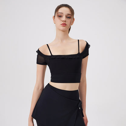 Sexy Lace Mesh Yoga Clothes Short Sleeve Running Quick Drying Sports Bra with Chest Pad One Piece Cup Workout Clothes - Wanita Store