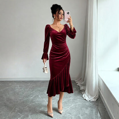 Robe femme en velours à col en V, automne hiver, amincissante, asymétrique, coupe sirène, mi-longue et moulante.