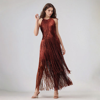 Design Tassel Sleeveless Waist Tight Bandage One Piece Dress Ladies Party Stage Performance Dress Women Clothing - Wanita Store