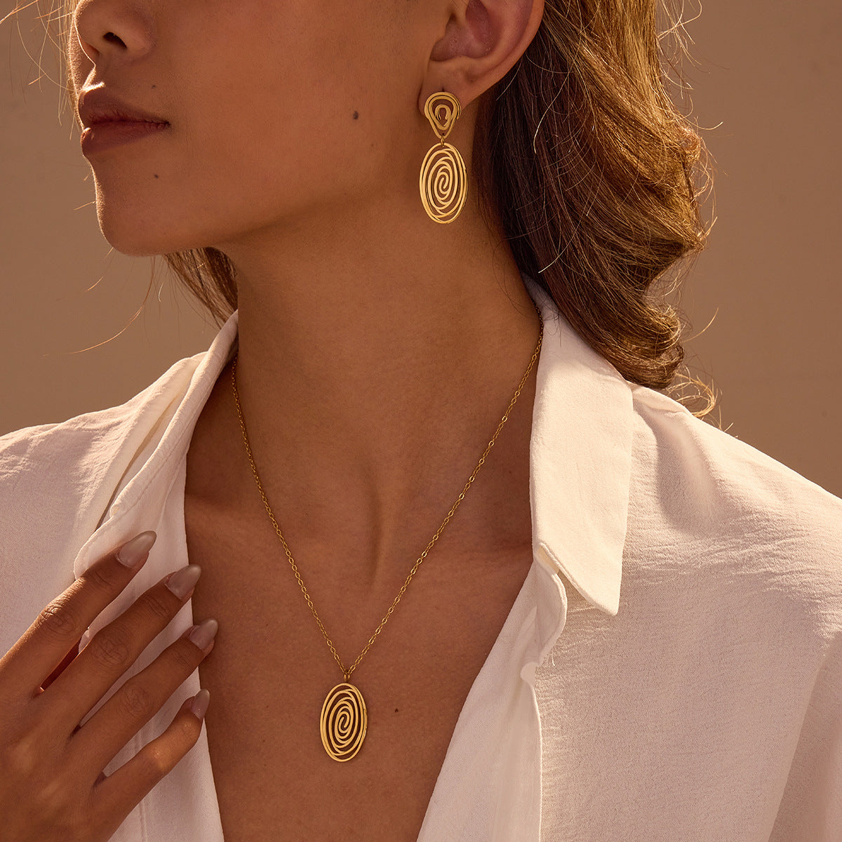 Hollow Out Cutout Spiral Vortex Embellished Necklace Stainless Steel Earrings Plated 18K Gold Head Ornament - Wanita Store