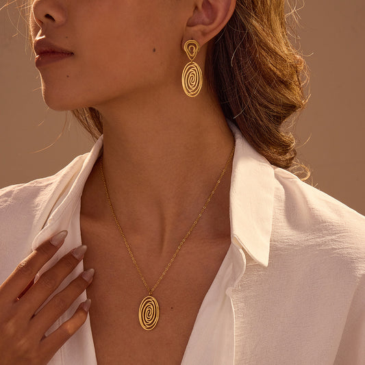 Hollow Out Cutout Spiral Vortex Embellished Necklace Stainless Steel Earrings Plated 18K Gold Head Ornament - Wanita Store
