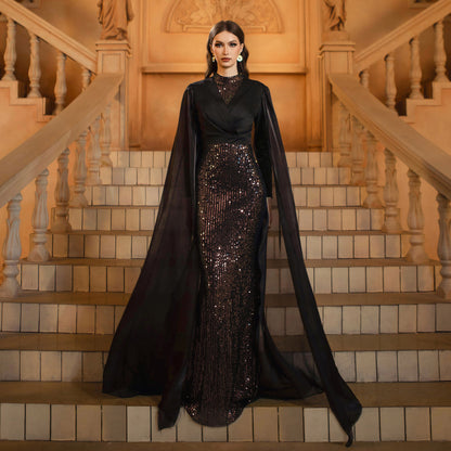 Middle East Women High End Long Sleeved round Neck Slim Fit Sheath Sequined Cocktail Evening Dress - Wanita Store