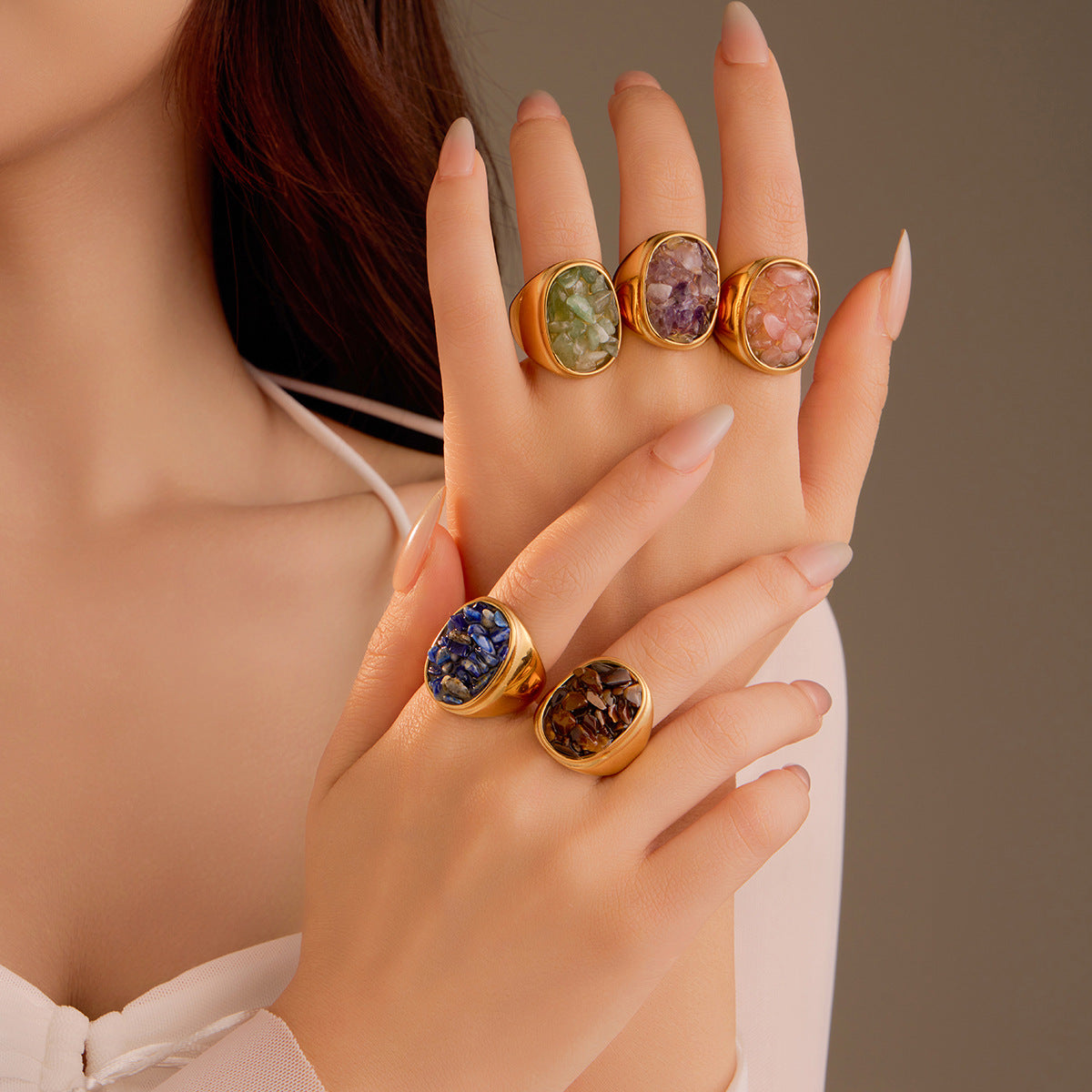 Retro Trendy All Match Stainless Steel Natural Stone Geometric Abstract Ring Non Fading Ring Simple Exquisite High Grade Bracelet - Wanita Store