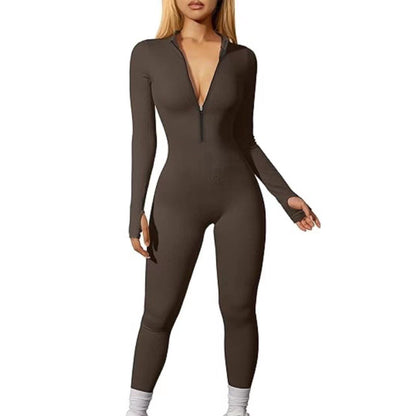 Women Sports Jumpsuit Workout Ribbed Long Sleeve Zipper Casual Jumpsuit Trousers Tight - Wanita Store