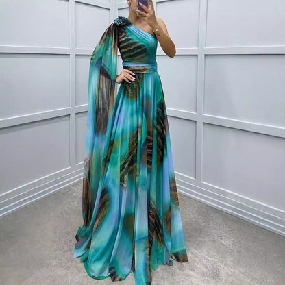 Autumn Winter Chiffon Printed Sloping Shoulder Dress Casual Loose Party Dress - Wanita Store