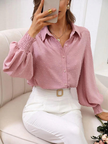 Autumn Women Shirt Collared Lantern Sleeve Solid Color Shirt - Wanita Store