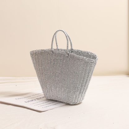 Silver Portable Straw Weaved Bag Metal Sense Large Capacity Hand Carrying Woven Bag Women Seaside Vacation Beach Bag - Wanita Store